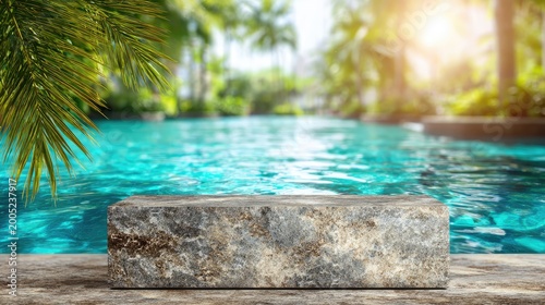 Stone display stand in front of shimmering pool surrounded by lush tropical foliage