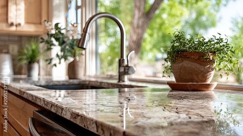 Elegant kitchen countertop with sink, faucet, and potted plant