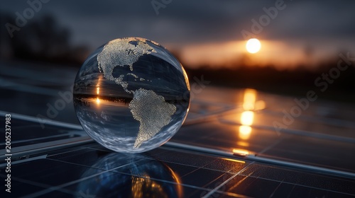 Glass globe reflecting sunset on solar panels at dusk