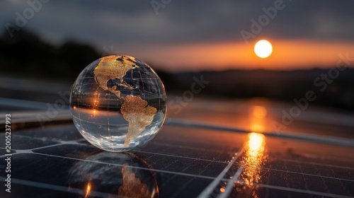 Crystal globe on solar panel reflects setting sun, symbolizing sustainable energy