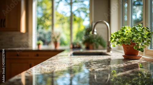 Sunlit kitchen counter with potted plant, granite, and garden view