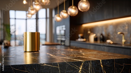 Luxurious modern kitchen with marble island, warm lighting, and city view