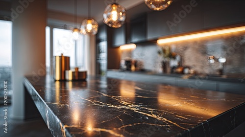 Luxurious modern kitchen with marble island and warm ambient lighting