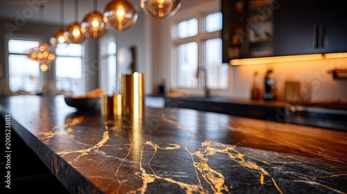 Modern kitchen with dark marble island, gold accents, and pendant lights