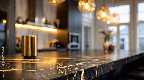 Luxurious kitchen island with illuminated black marble and modern pendant lights