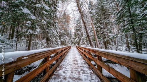Wooden bridge crossing snow-covered forest path leading into snowy woods