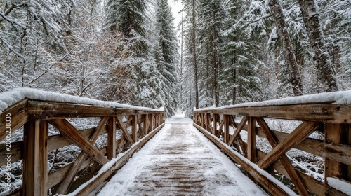 Snow-covered wooden bridge leads through a quiet, frosted forest path