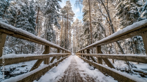 A wooden bridge covered in snow leads into a forest of snow-laden pine trees