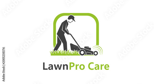 LawnPro Care logo with a man mowing a lawn inside a green frame.