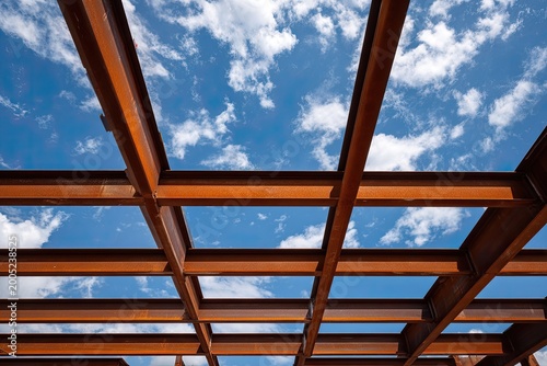 Rusting steel beams against a bright blue sky with fluffy white clouds