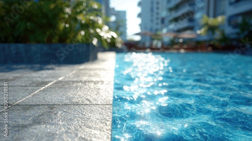 Sunlit sparkling swimming pool with lush plants and resort buildings