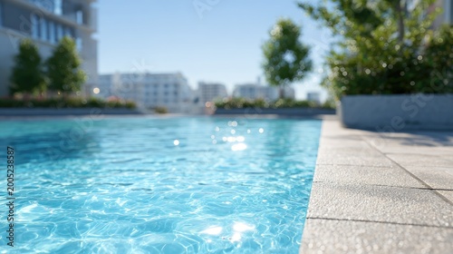 Sparkling blue pool on a sunny day with buildings and trees in background