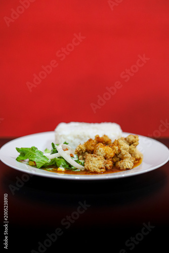 Canvastavla Delicious Crispy Fried Chicken Bites With Steamed White Rice And Fresh Side Sala