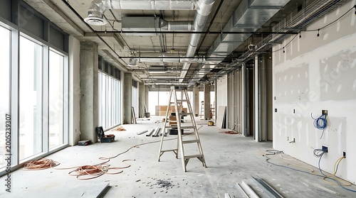 Large-scale urban construction project highlighting the installation of HVAC systems, drywall, and electrical wiring in a modern skyscraper interior