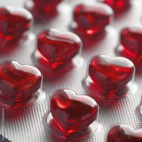 Close-up view of a tab packaging containing heart-shaped pills. The pills are red and glossy, reflecting light. They are arranged neatly in rows, set against a silver background.