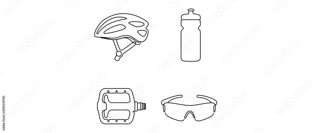 Naklejka premium Vector icon set featuring 4 minimalist line art designs of cycling gear: a bicycle helmet, water bottle, bike pedal, and sports sunglasses. Ideal for fitness, sports, and outdoor activity apps.