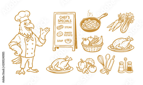 Vector doodle set of eagle chef mascots with a collection of kitchen tools and food ingredients. Hand-drawn purple line art of cartoon characters and culinary elements isolated on a white background.