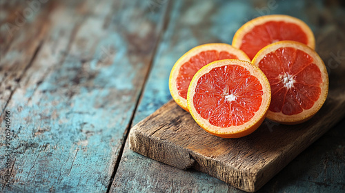Sliced grapefruit placed on rustic wooden board in minimal kitchen setting Generative AI