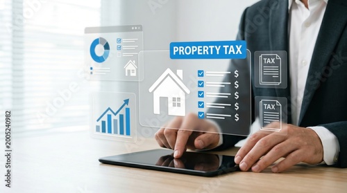Businessman calculating property tax and financial planning using a tablet with virtual interface showing house icon and tax documents.
