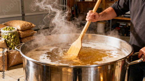 Brewing Beer: A person brews beer in a large pot, stirring the mixture with a wooden spoon. Steam rises from the pot as ingredients like hops and grains are visible in the background.