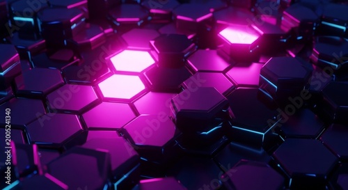 Cyberfuturistic transparent glass elements and liquid acrylic red purple blue glow on black backdrop cinematic tech background design cover art visuals 3d rendering 