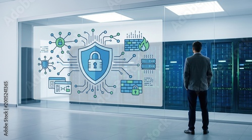 Server Room Security Dashboard Hologram, IT Administrator Monitoring Network Infrastructure, Firewall And Database Protection System, Enterprise Cyber Defense And Cloud Computing