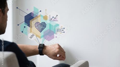 Man checking health metrics and heartbeat monitor on smartwatch with holographic medical interface, wearable technology for fitness tracking and personal healthcare management