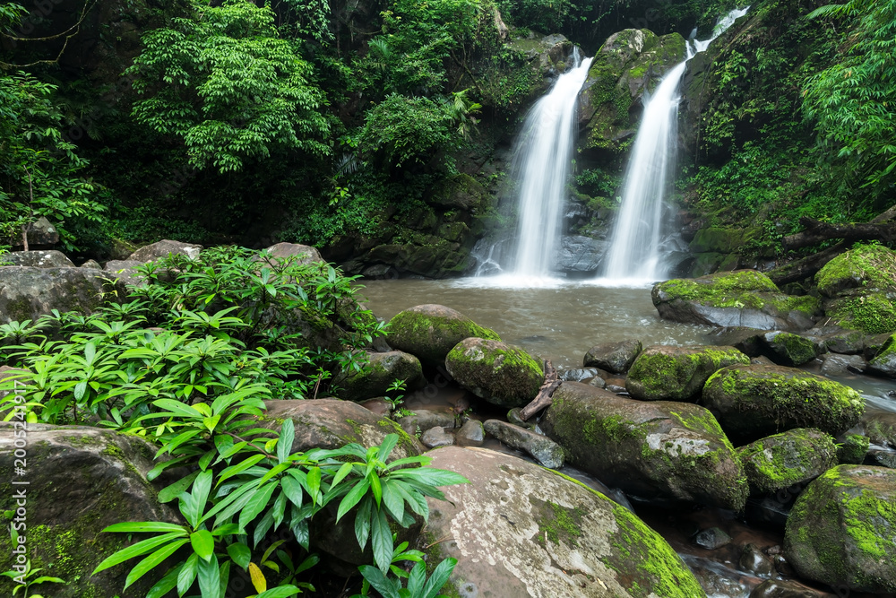 Fototapeta premium Beautiful deep forest waterfall at Thailand. Nature background.