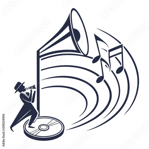 Canvas Print Silhouette of a jazz musician playing trumpet with music notes radiating