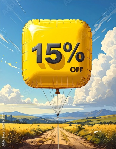 Bright yellow balloon floats over a scenic rural landscape