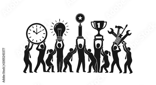 Group of Stick Figures Celebrating Team Success, Raising Business and Innovation Symbols on Isolated White Background
