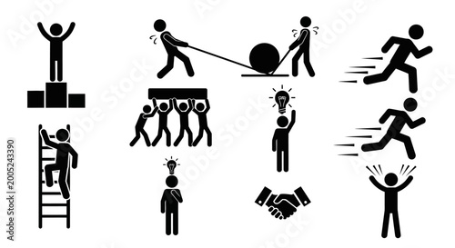 Stick Figure Business Success Concepts Including Achievement, Teamwork, Ideas, and Partnership on Isolated White Background