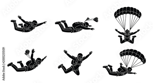Fotografija Skydiver silhouettes in various poses flat vector illustration on white backgrou