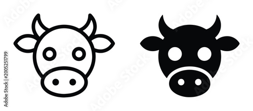 Minimalist cow head icon set, black outline and solid silhouette cattle face vector, farm animal logo symbols for dairy and meat industry branding