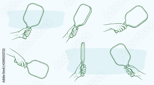 Fotografie Vector sketches of a hand holding a pickleball paddle from multiple angles