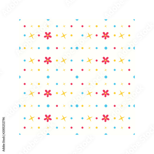 Cute Stars and Flowers Seamless Pattern with Dots in Pastel Tones Vector Illustration