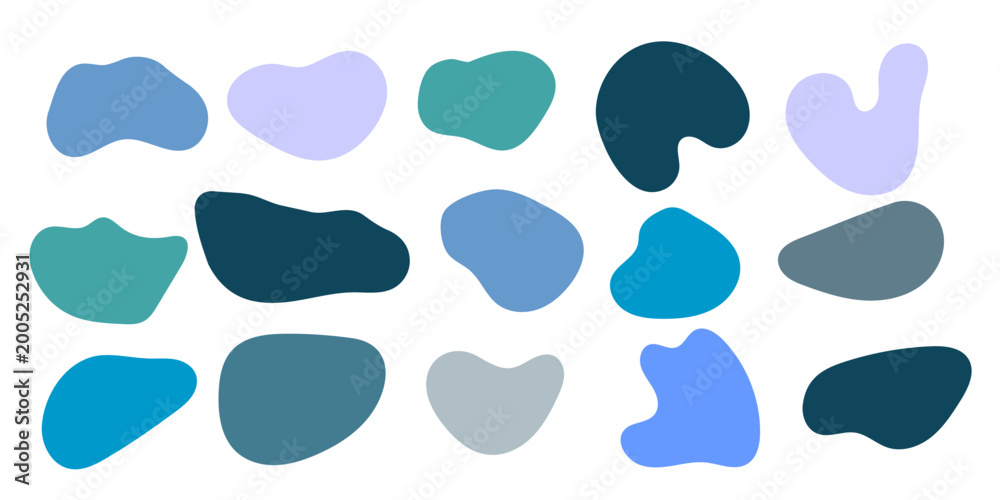 Fototapeta premium Blue abstract organic Shape collection with minimal hand drawn Blobs, isolated elements. Set of bubbles with simple and soft shapes. packaging and social media design. 