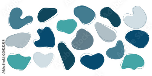 Blue doodle abstract organic shape collection with minimal hand drawn blobs, soft outlines, isolated elements. Set of bubbles with simple and soft shapes .For  packaging and social media design