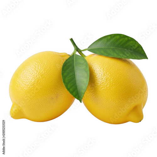 Two yellow lemons with green leaves on transparent background high quality professional detailed