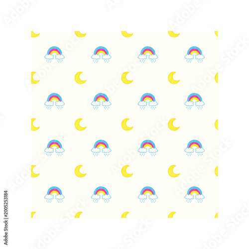 Playful rainbow and moon pattern during a gentle rain in a vector illustration style