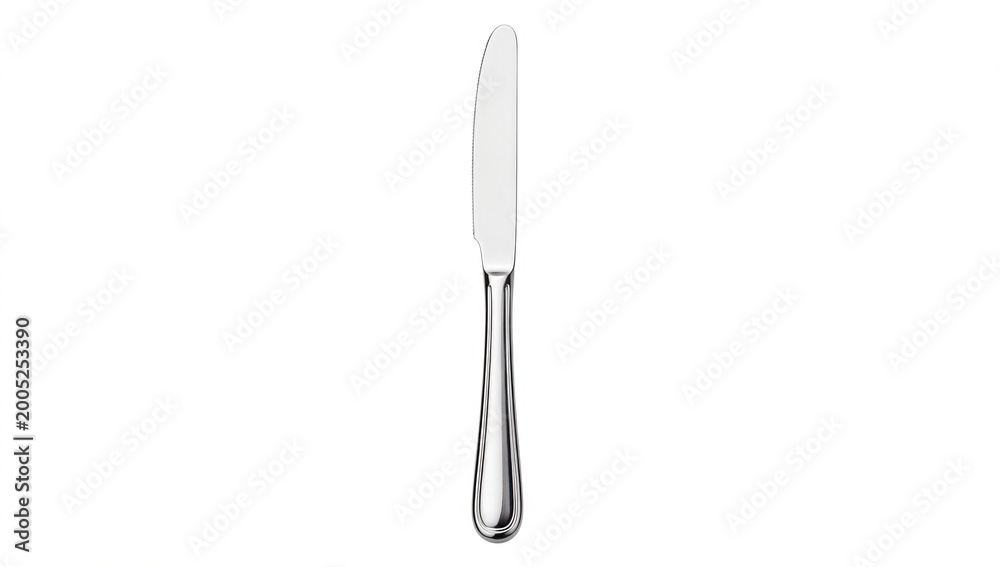 Fototapeta premium A single knife with a white handle placed on a white surface, ideal for use in product photography or as a symbol of cleanliness and simplicity