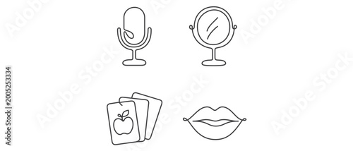 Speech therapy vector icon set collection of 4 minimalist line icons featuring a microphone, vanity mirror, educational flashcards with apple, and human lips for articulation and logopedics.