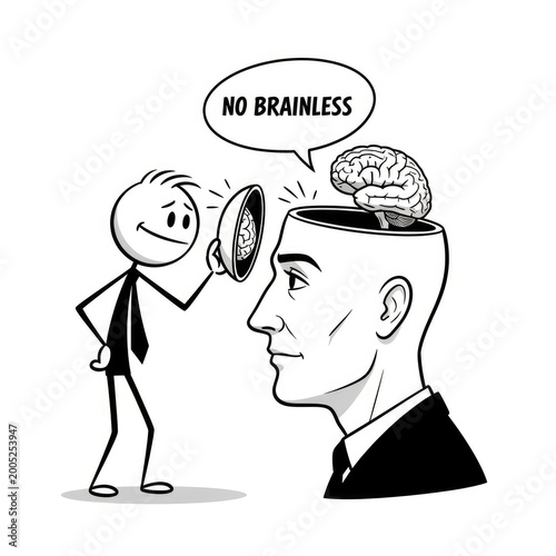 Businessman with brain being inspected.