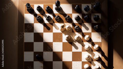 denary. A chessboard in mid-game with a highlighted king piece, top-down view with dramatic shadows. travel magazines, destination branding, designed for outdoor magazines and nature guides.