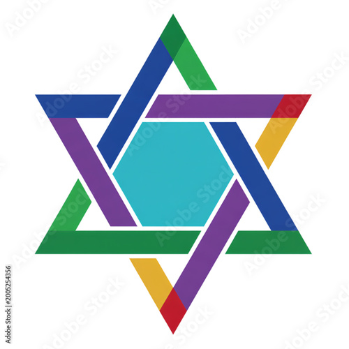 Colorful geometric star design with vibrant shapes and layers  