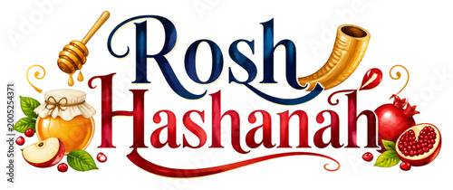 Rosh Hashanah logo with honey, pomegranate, and traditional symbols  