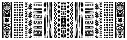 Tribal ethnic border patterns with geometric and botanical motifs in monochrome hand-drawn style
