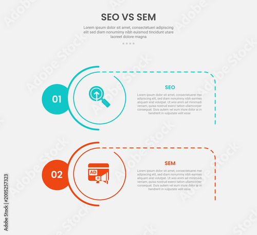 SEO vs SEM infographic outline style with 2 point comparison template with creative circle stack vertical for slide presentation