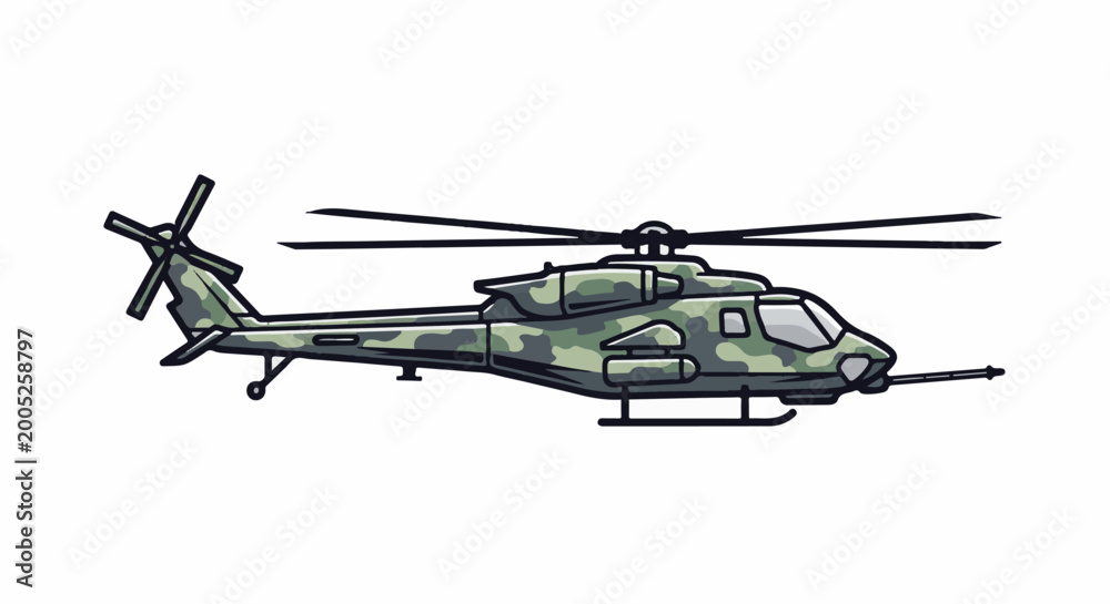 Fototapeta premium Camouflaged military helicopter with rotor blades and mounted weapon