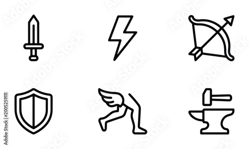 Canvastavla Greek mythology icon set with 6 linear vector elements, ancient god symbols incl